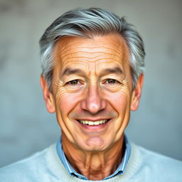 A portrait of a 60-year-old man with distinctive gray hair, exhibiting a sense of wisdom and tranquility