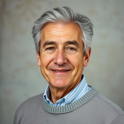 A portrait of a 60-year-old man with distinctive gray hair, exhibiting a sense of wisdom and tranquility