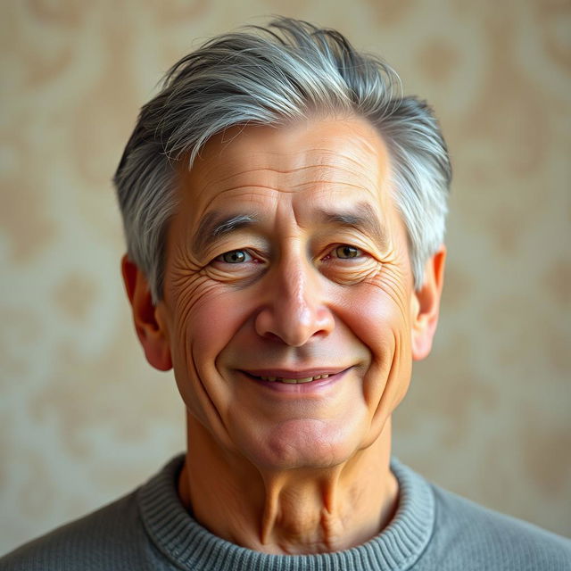 A portrait of a 60-year-old man with distinctive gray hair, exhibiting a sense of wisdom and tranquility