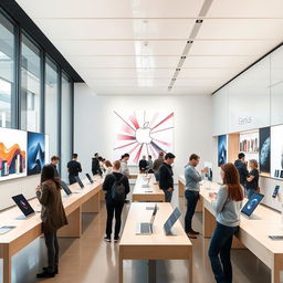A modern, sleek Apple shop interior featuring shiny displays of the latest iPhones, MacBooks, and accessories
