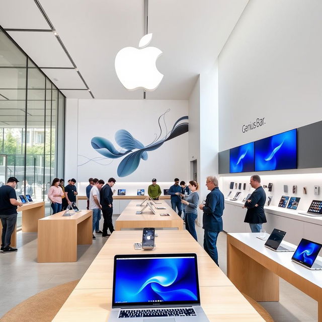 A modern, sleek Apple shop interior featuring shiny displays of the latest iPhones, MacBooks, and accessories
