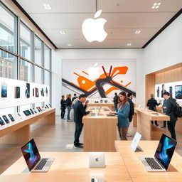 A modern, sleek Apple shop interior featuring shiny displays of the latest iPhones, MacBooks, and accessories