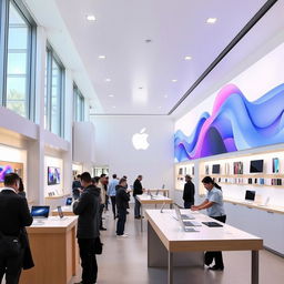 A modern, sleek Apple shop interior featuring shiny displays of the latest iPhones, MacBooks, and accessories