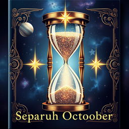 An A4 book cover design titled "Separuh Oktober" featuring a large, intricately designed hourglass in the center