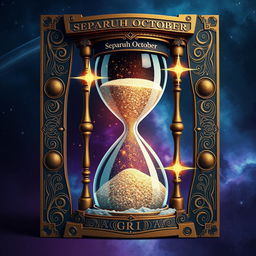 An A4 book cover design titled "Separuh Oktober" featuring a large, intricately designed hourglass in the center