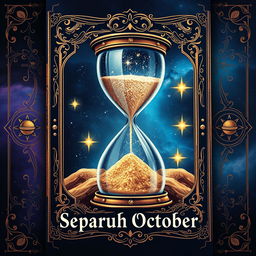 An A4 book cover design titled "Separuh Oktober" featuring a large, intricately designed hourglass in the center
