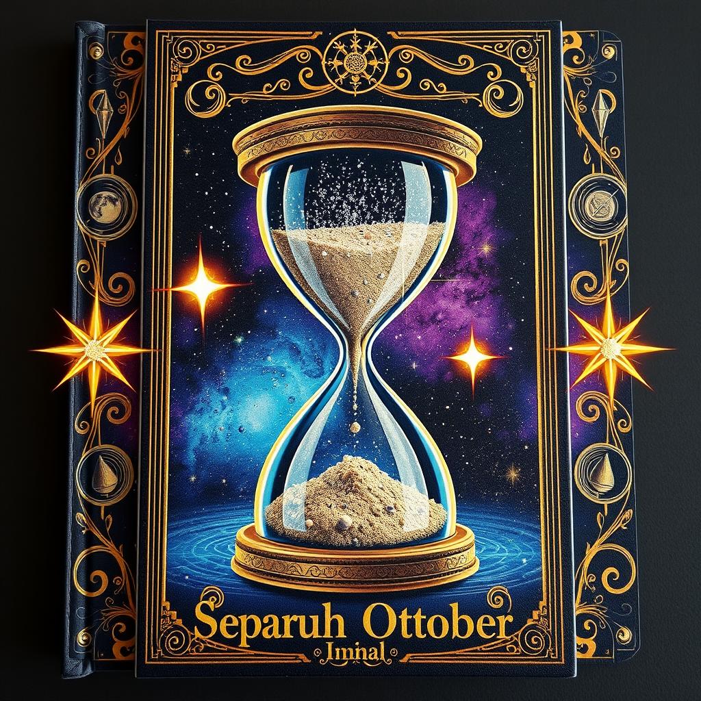 An A4 book cover design titled "Separuh Oktober" featuring a large, intricately designed hourglass in the center