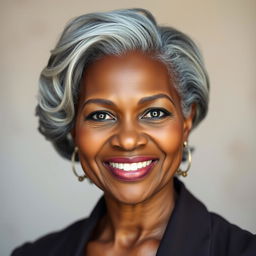 A portrait of a 55-year-old black woman with gracefully styled gray hair, radiating elegance and confidence