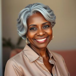 A portrait of a 55-year-old black woman with gracefully styled gray hair, radiating elegance and confidence