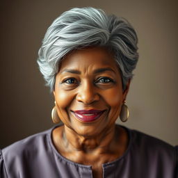 A portrait of a 55-year-old black woman with gracefully styled gray hair, radiating elegance and confidence