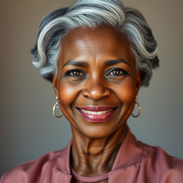 A portrait of a 55-year-old black woman with gracefully styled gray hair, radiating elegance and confidence