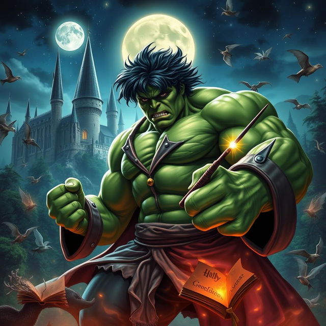 A powerful fusion of the Hulk and Harry Potter characters in a dynamic scene