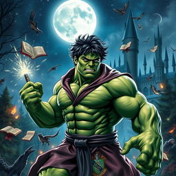 A powerful fusion of the Hulk and Harry Potter characters in a dynamic scene