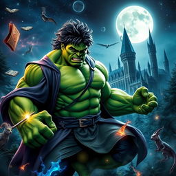 A powerful fusion of the Hulk and Harry Potter characters in a dynamic scene