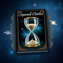 A book cover design for an A4 size book titled 'Separuh Oktober', featuring a large hourglass in the center
