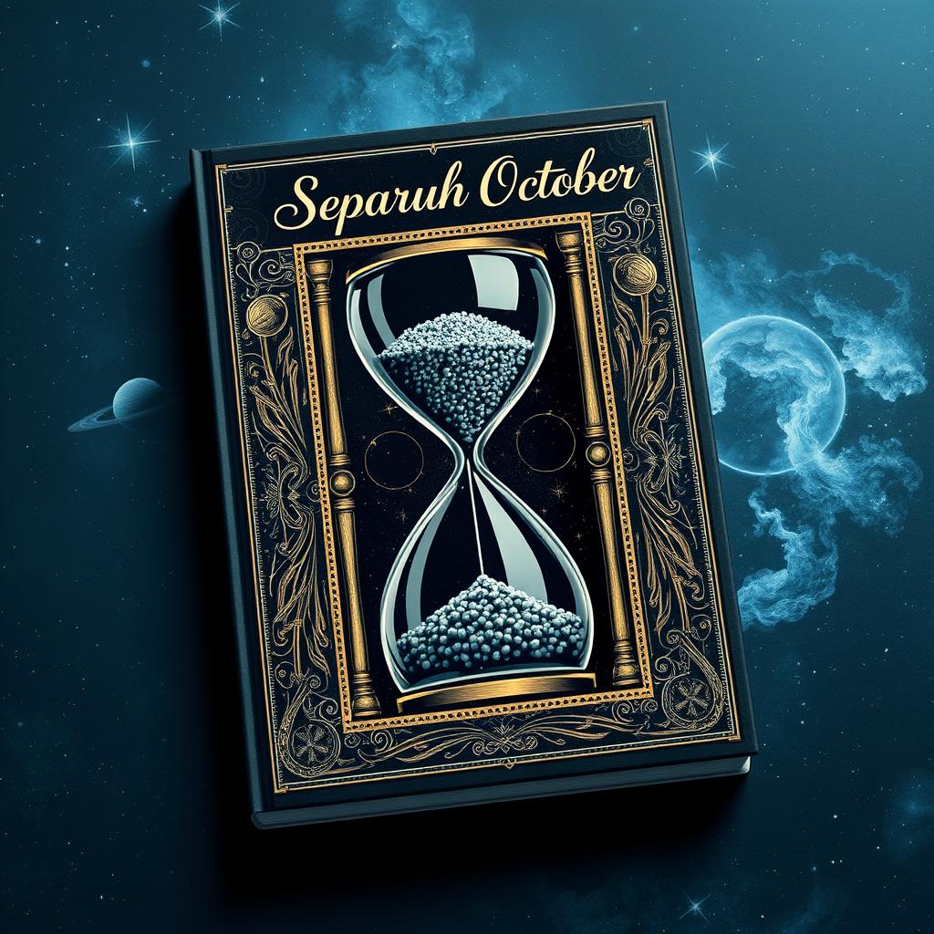 A book cover design for an A4 size book titled 'Separuh Oktober', featuring a large hourglass in the center