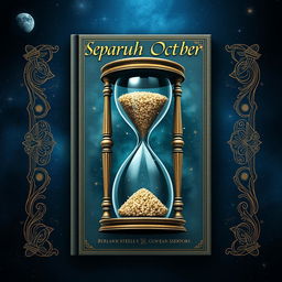 A book cover design for an A4 size book titled 'Separuh Oktober', featuring a large hourglass in the center