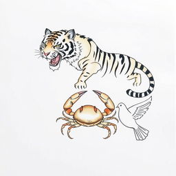 A blank sheet of paper with an intricately drawn tiger, a crab, and a dove, all depicted in a traditional Japanese style