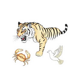 A blank sheet of paper with an intricately drawn tiger, a crab, and a dove, all depicted in a traditional Japanese style