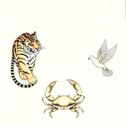 A blank sheet of paper with an intricately drawn tiger, a crab, and a dove, all depicted in a traditional Japanese style