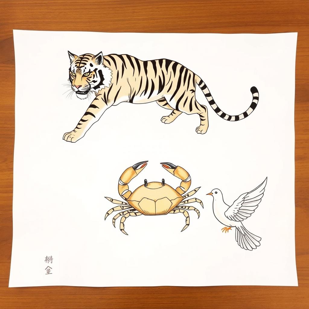 A blank sheet of paper with an intricately drawn tiger, a crab, and a dove, all depicted in a traditional Japanese style