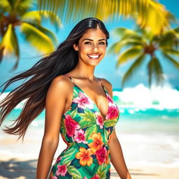A beautifully styled Brazilian woman with long, flowing dark hair, wearing a vibrant tropical dress with floral patterns