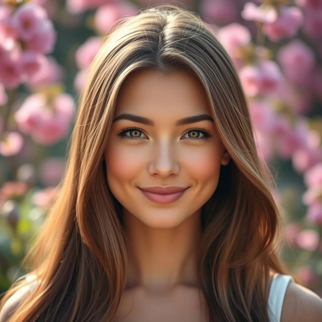 A portrait of a beautiful woman with a serene expression, featuring slightly smaller facial features and perfectly symmetrical eyes