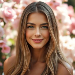 A portrait of a beautiful woman with a serene expression, featuring slightly smaller facial features and perfectly symmetrical eyes