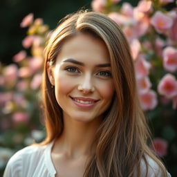 A portrait of a beautiful woman with a serene expression, featuring slightly smaller facial features and perfectly symmetrical eyes