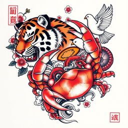 A detailed tattoo design featuring a tiger, a crab, and a dove, illustrated in traditional Japanese style