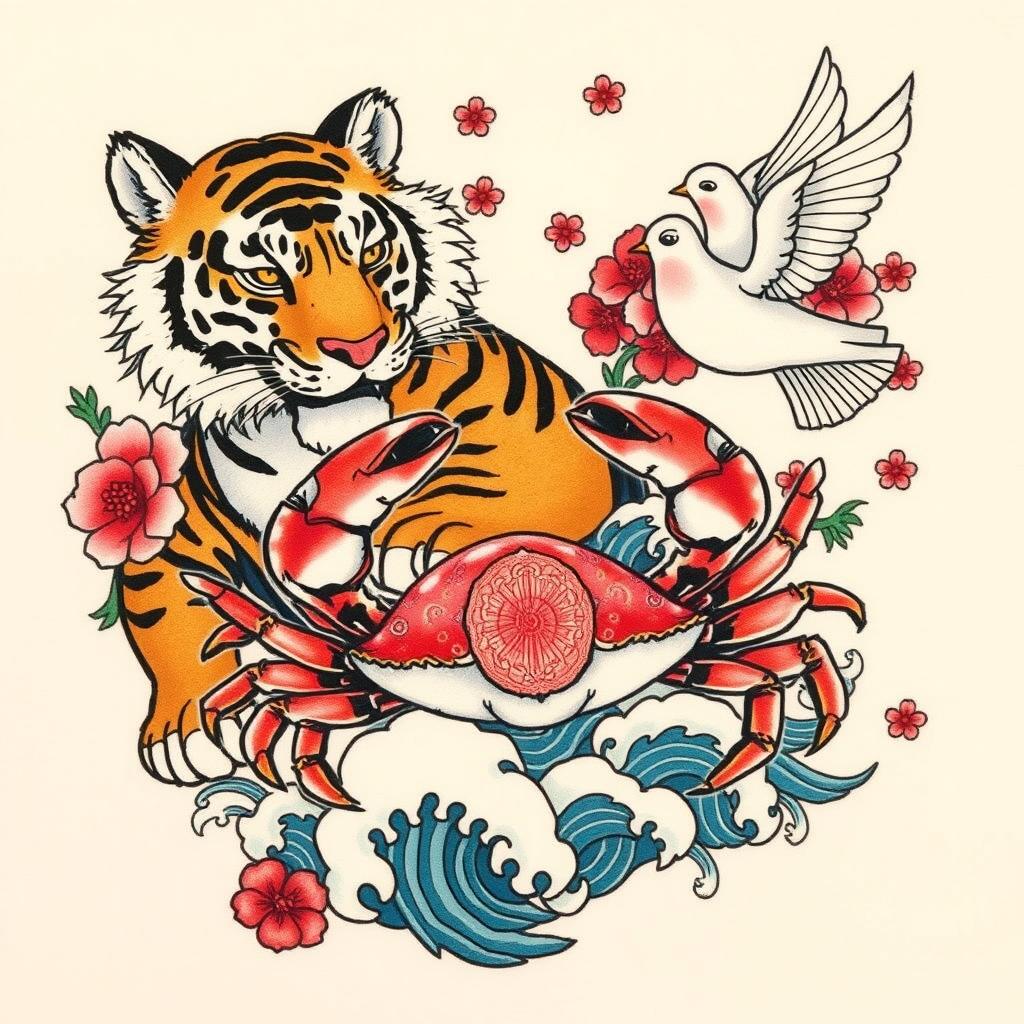 A detailed tattoo design featuring a tiger, a crab, and a dove, illustrated in traditional Japanese style