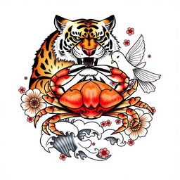 A detailed tattoo design featuring a tiger, a crab, and a dove, illustrated in traditional Japanese style
