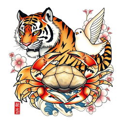 A detailed tattoo design featuring a tiger, a crab, and a dove, illustrated in traditional Japanese style