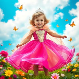 A young boy dressed as a princess, wearing a beautifully detailed princess gown with vibrant colors, adorned with sparkles and a flowing cape