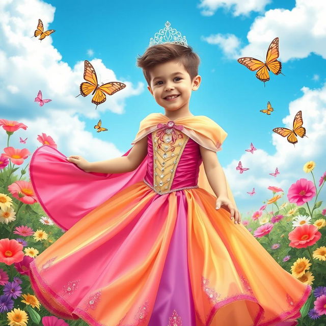 A young boy dressed as a princess, wearing a beautifully detailed princess gown with vibrant colors, adorned with sparkles and a flowing cape