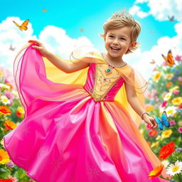 A young boy dressed as a princess, wearing a beautifully detailed princess gown with vibrant colors, adorned with sparkles and a flowing cape
