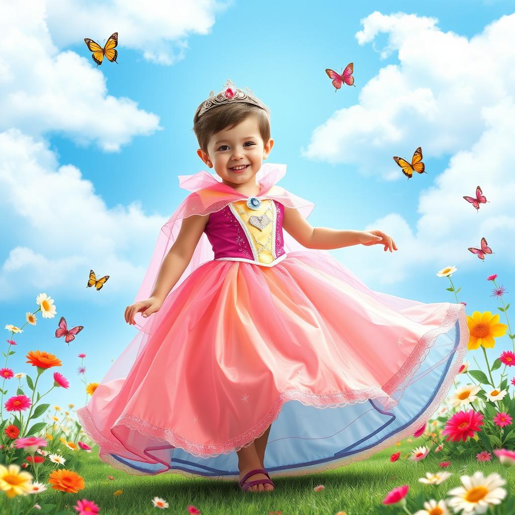 A young boy dressed as a princess, wearing a beautifully detailed princess gown with vibrant colors, adorned with sparkles and a flowing cape