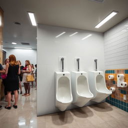 A busy women's restroom featuring narrow, straddle-type urinals specifically designed for women, with rolls of toilet paper conveniently placed nearby