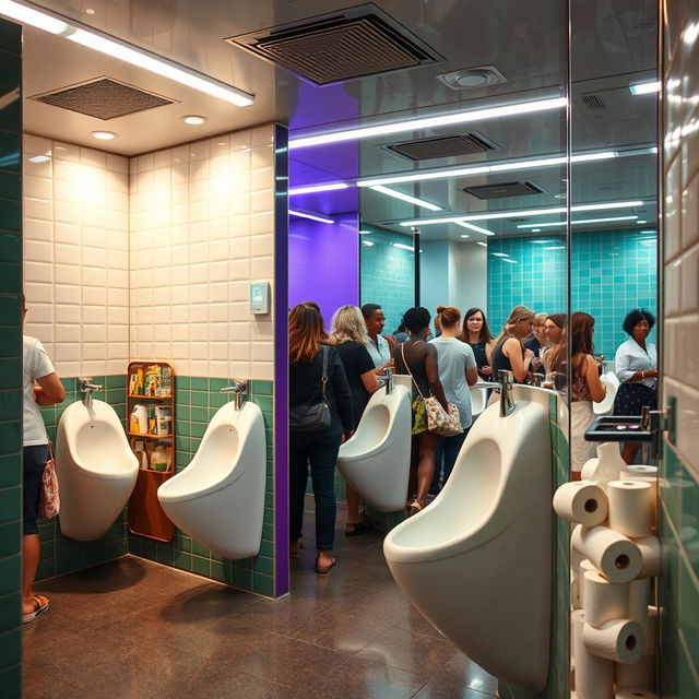 A busy women's restroom featuring narrow, straddle-type urinals specifically designed for women, with rolls of toilet paper conveniently placed nearby