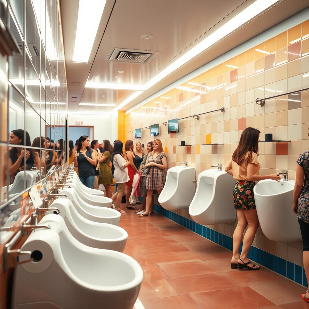 A busy women's restroom featuring narrow, straddle-type urinals specifically designed for women, with rolls of toilet paper conveniently placed nearby