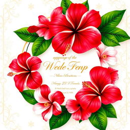 A beautiful wedding invitation card design featuring a floral theme with hibiscus flowers in vibrant red and white, accented by elegant gold details