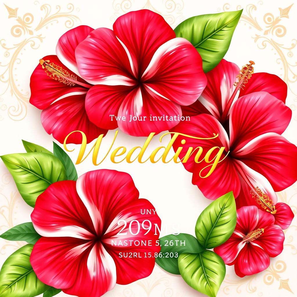 A beautiful wedding invitation card design featuring a floral theme with hibiscus flowers in vibrant red and white, accented by elegant gold details