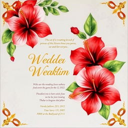 A beautiful wedding invitation card design featuring a floral theme with hibiscus flowers in vibrant red and white, accented by elegant gold details