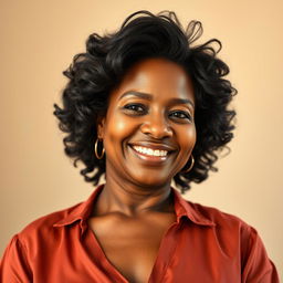 A portrait of a 56-year-old black woman with a curvaceous figure, exuding confidence and warmth