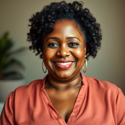 A portrait of a 56-year-old black woman with a curvaceous figure, exuding confidence and warmth