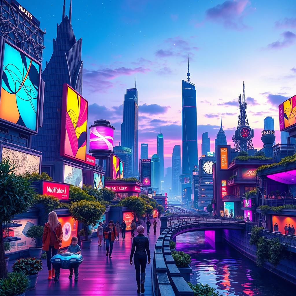 A vibrant, artsy depiction of a futuristic cityscape during twilight, populated with electrifying neon lights and hovering vehicles