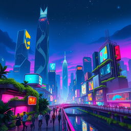 A vibrant, artsy depiction of a futuristic cityscape during twilight, populated with electrifying neon lights and hovering vehicles