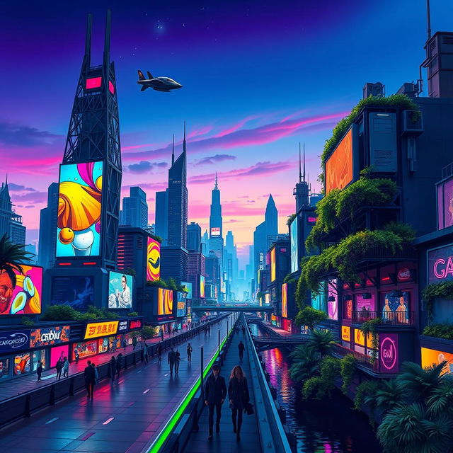 A vibrant, artsy depiction of a futuristic cityscape during twilight, populated with electrifying neon lights and hovering vehicles