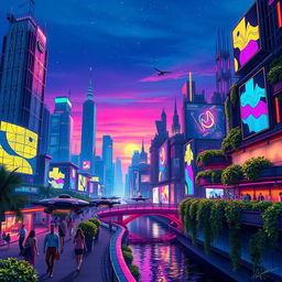 A vibrant, artsy depiction of a futuristic cityscape during twilight, populated with electrifying neon lights and hovering vehicles