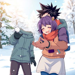 A lively scene of a man with black spiky hair and a woman with short purple hair joyfully playing in a snowy landscape